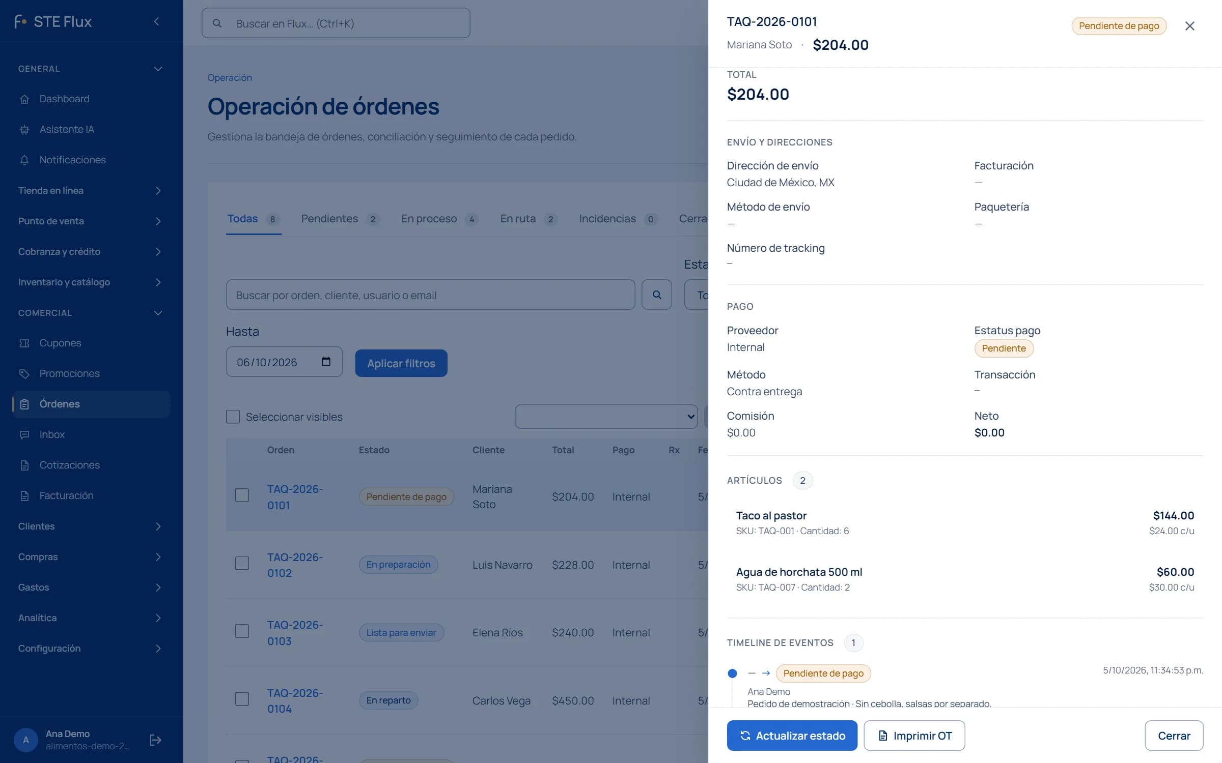Detalle real de un pedido de tacos en Flux con cantidades, cliente, pago e instrucciones; datos de demostración