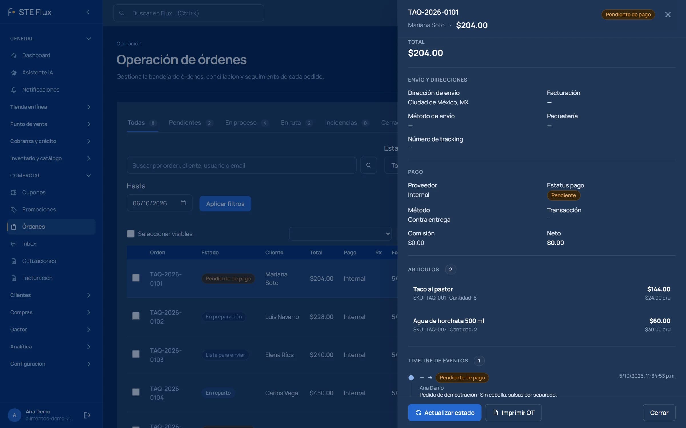 Detalle real de un pedido de tacos en Flux con cantidades, cliente, pago e instrucciones; datos de demostración