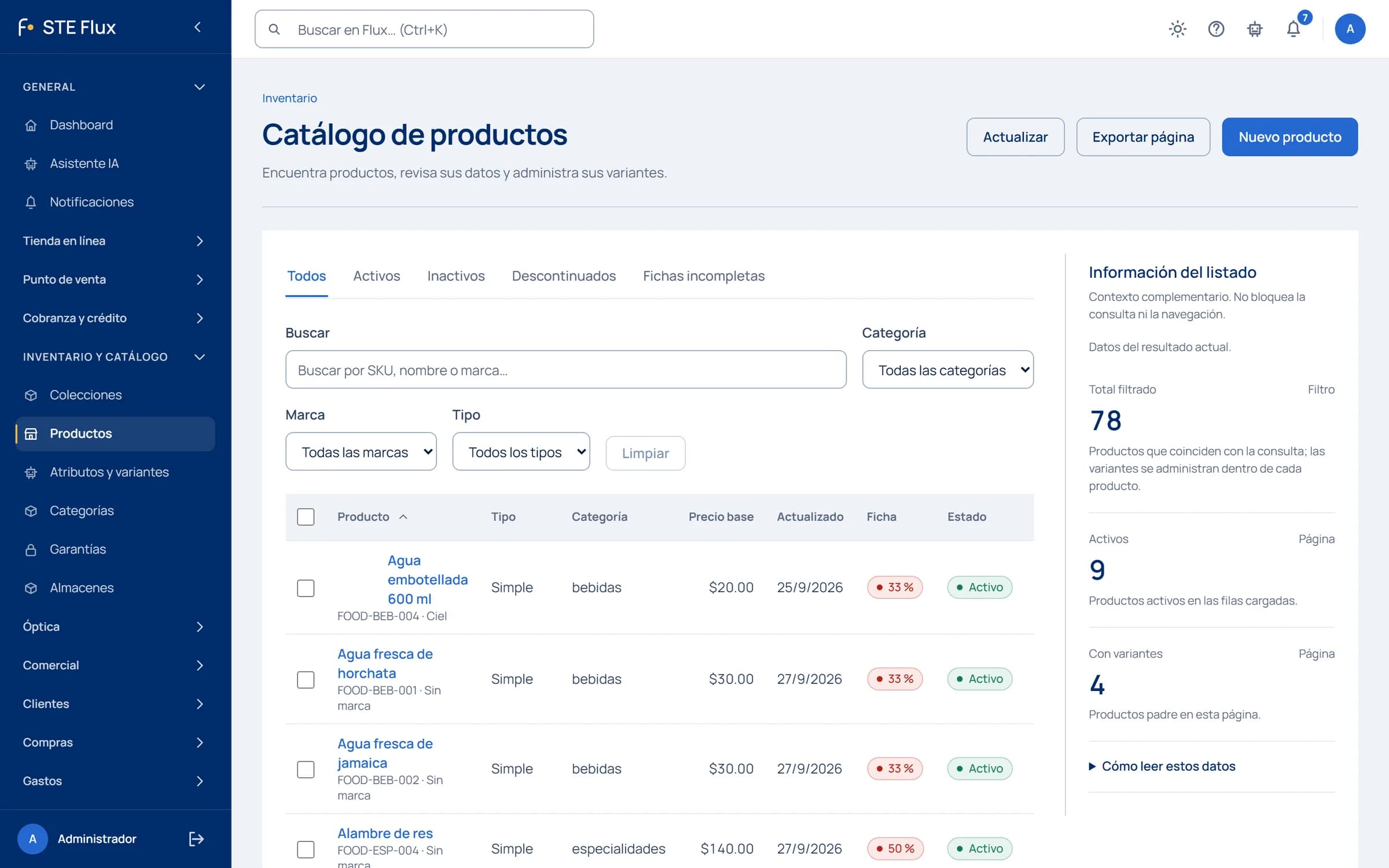 Catálogo de productos del admin con precio, ficha y estado de cada artículo