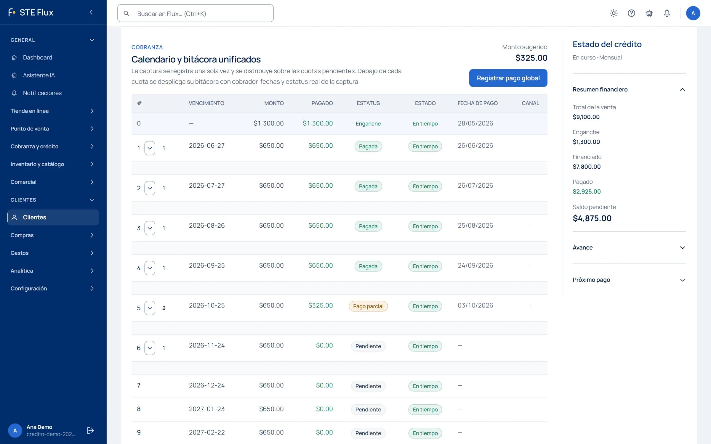 Calendario real de una venta a crédito con enganche, cuotas y abonos en STE Flux; datos de demostración