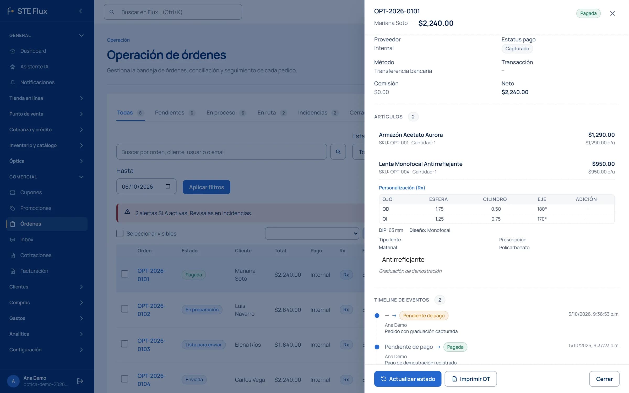 Detalle real de un pedido óptico en Flux con graduación, material y tratamiento de lentes; datos de demostración