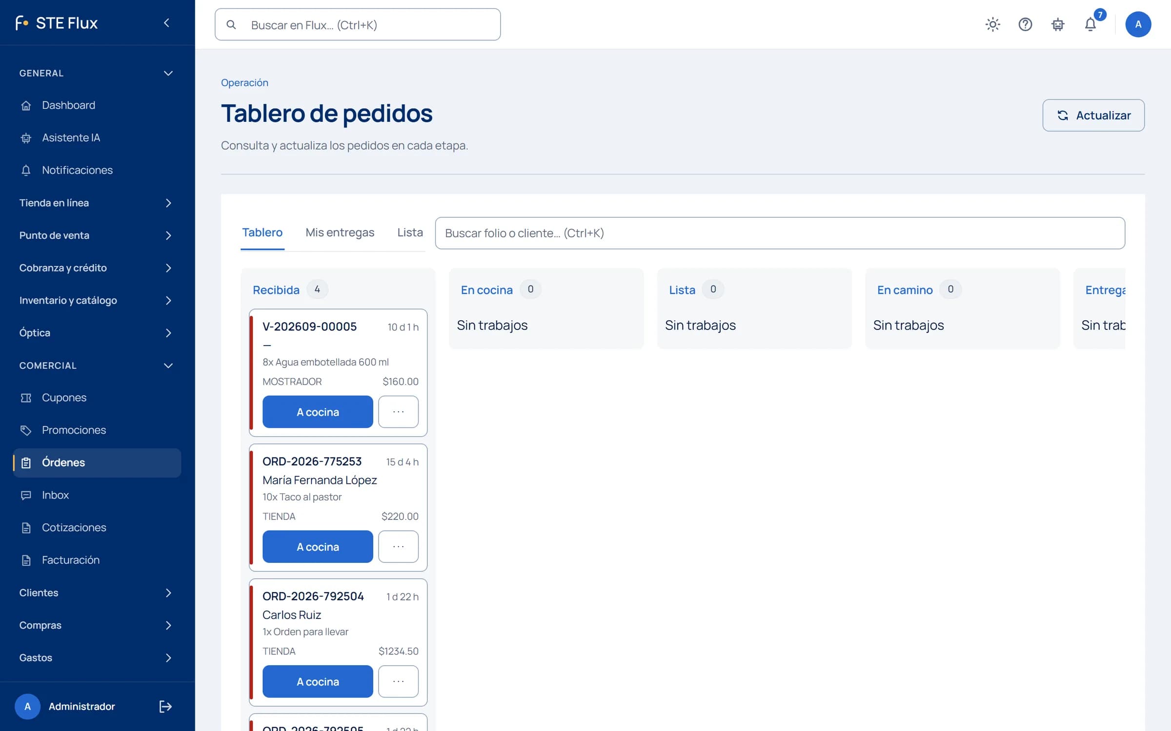 Tablero de pedidos con las órdenes de la tienda y del mostrador por etapa