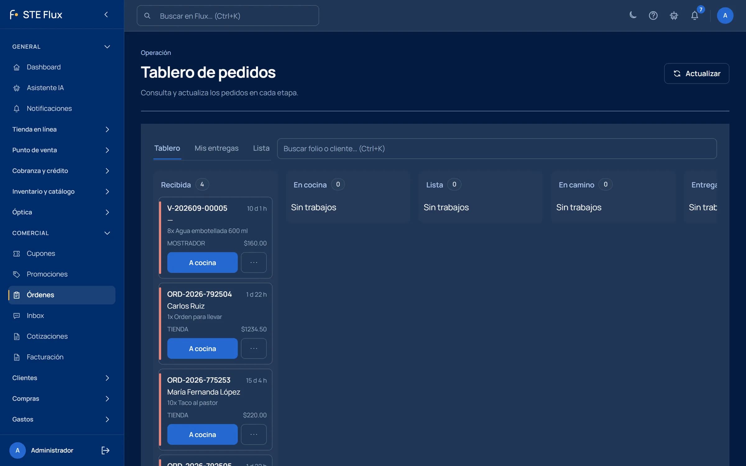 Tablero de pedidos con las órdenes de la tienda y del mostrador por etapa
