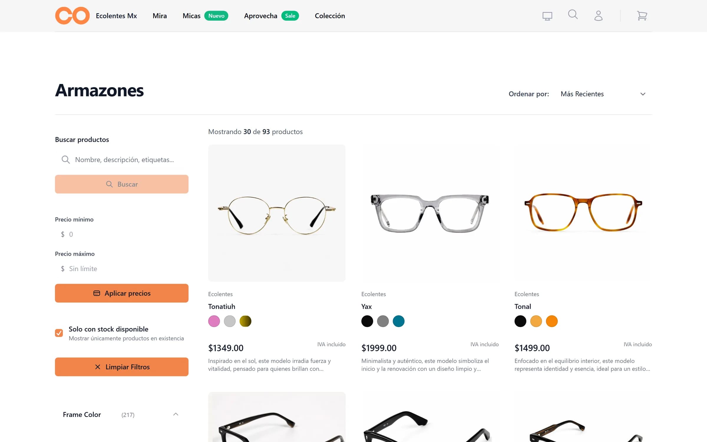 Listado de productos de una tienda en línea en producción sobre STE Flux